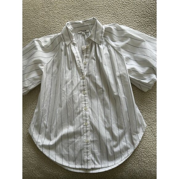 Madewell $98 Shirred Bubble Sleeve Button Up Shirt White/Black Size M NU477 - Picture 10 of 15